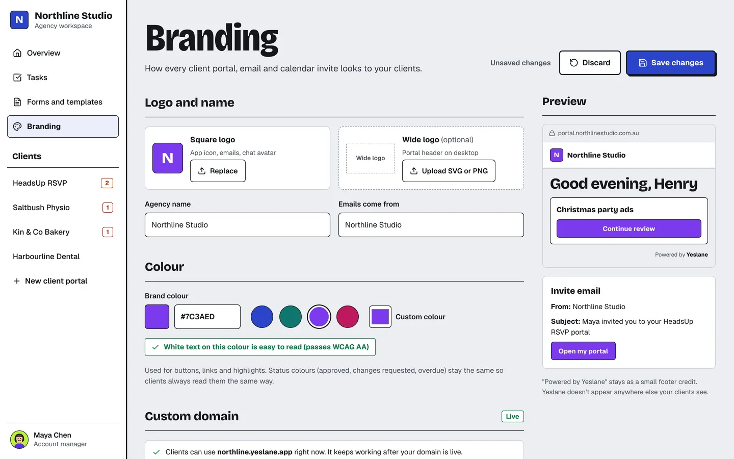 Branding settings with the logo, brand colour presets and a live preview of the client portal.