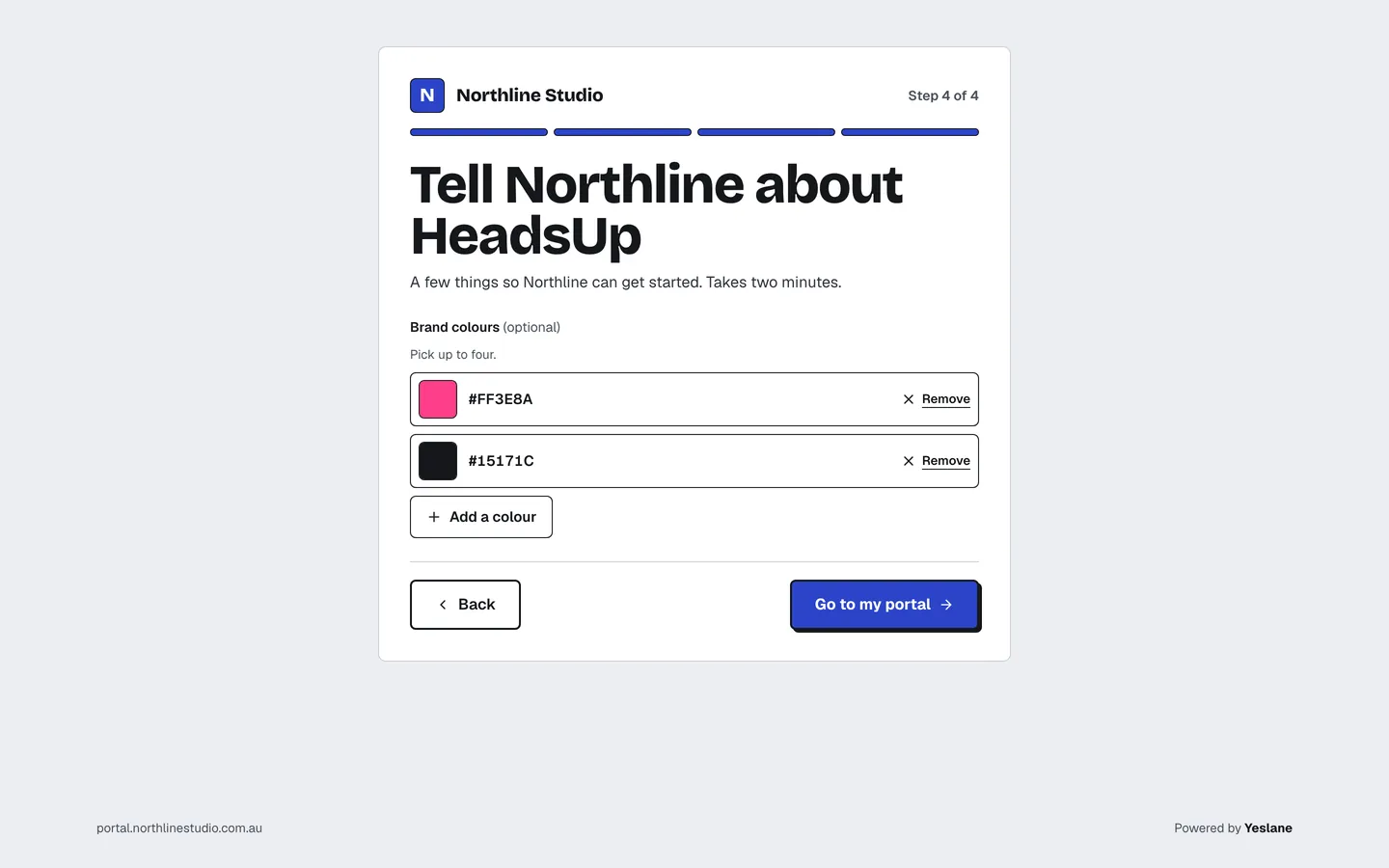 The last step of the onboarding form with two brand colours picked.