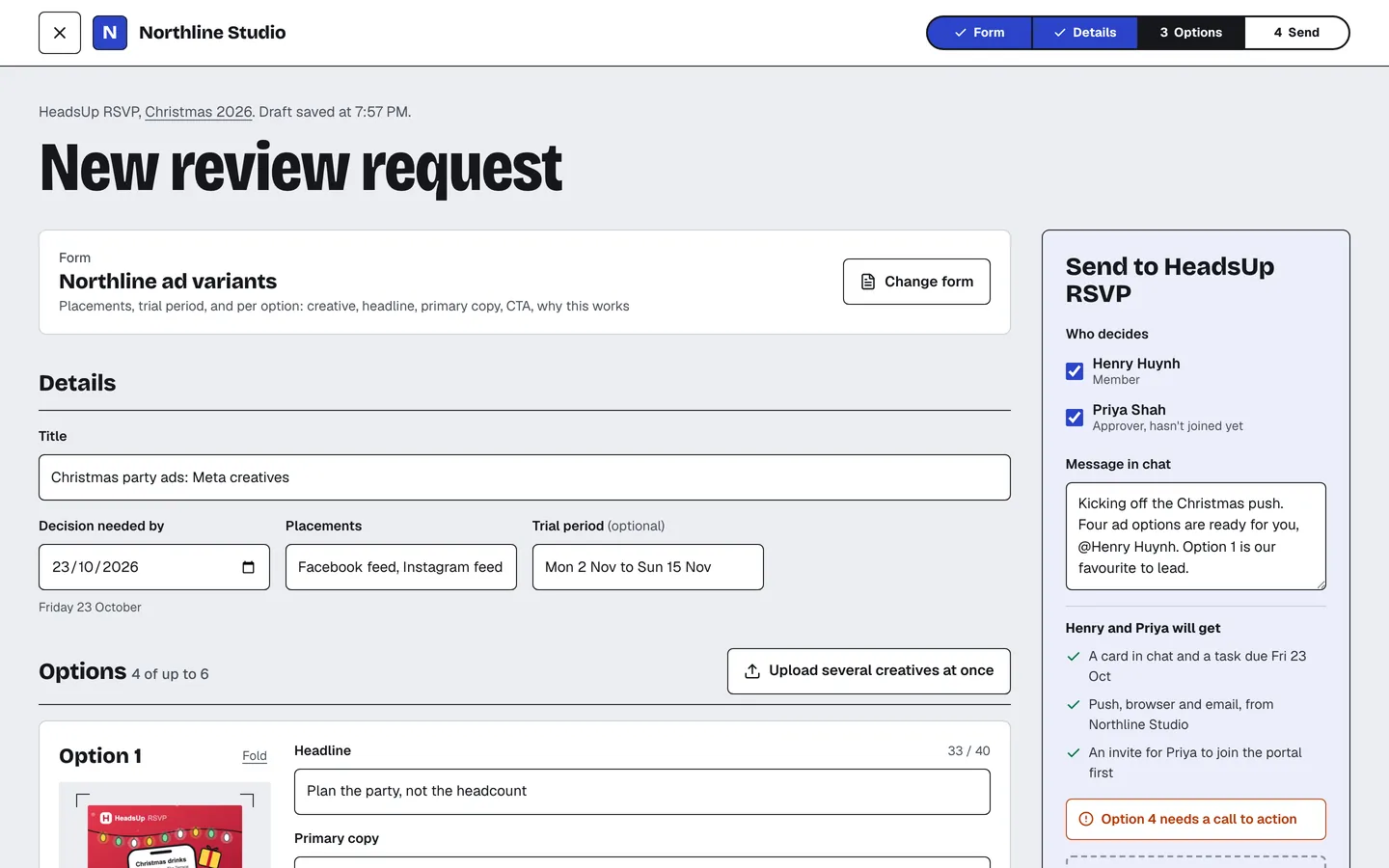 A new review request with the details, the options and who decides.