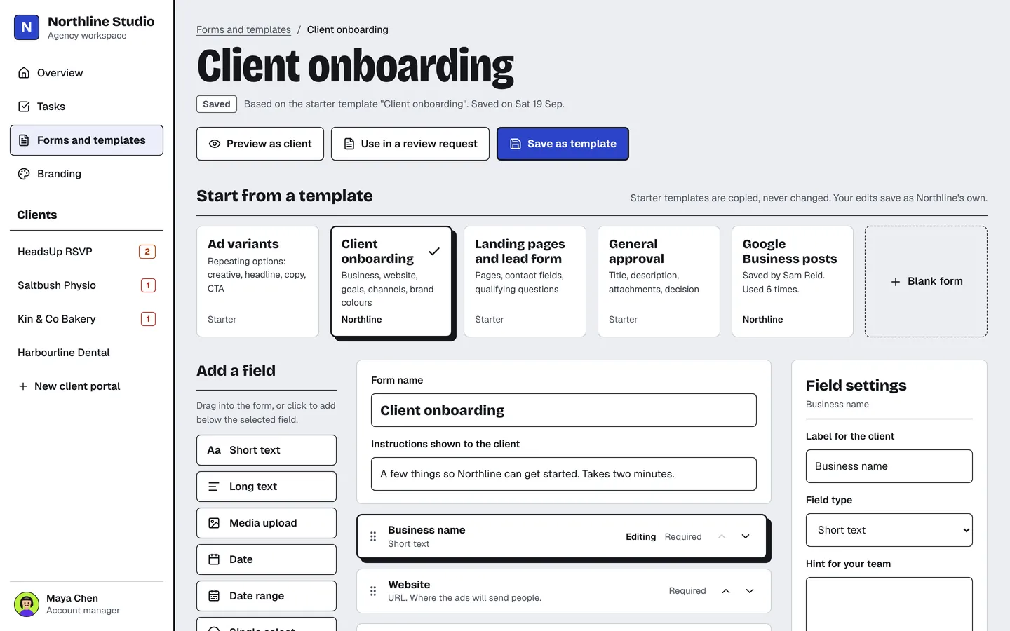 The form builder with the client onboarding template selected.
