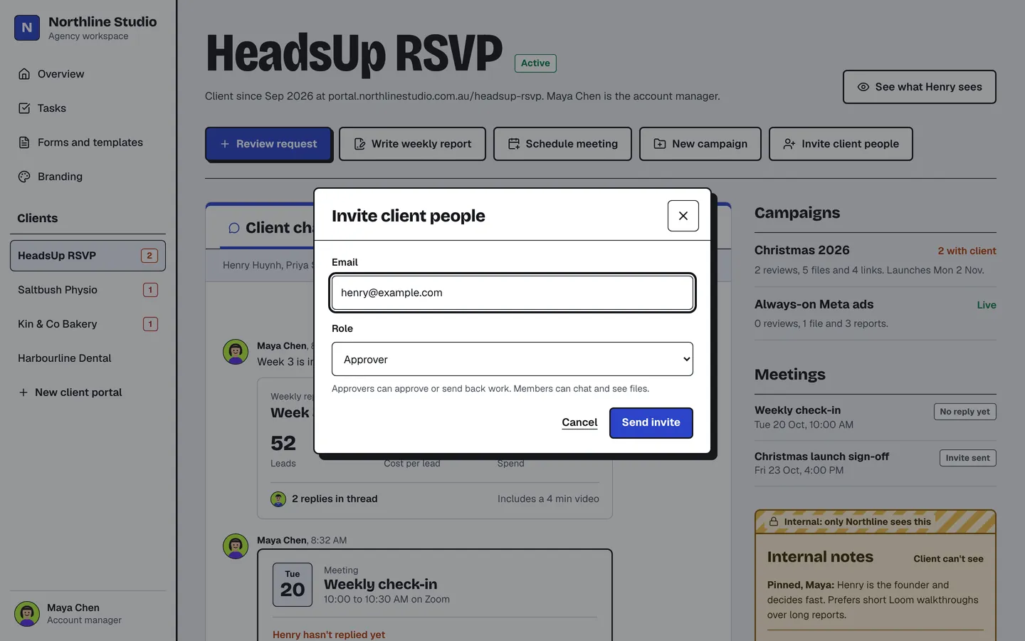 The invite client people dialog with an email address and the approver role.