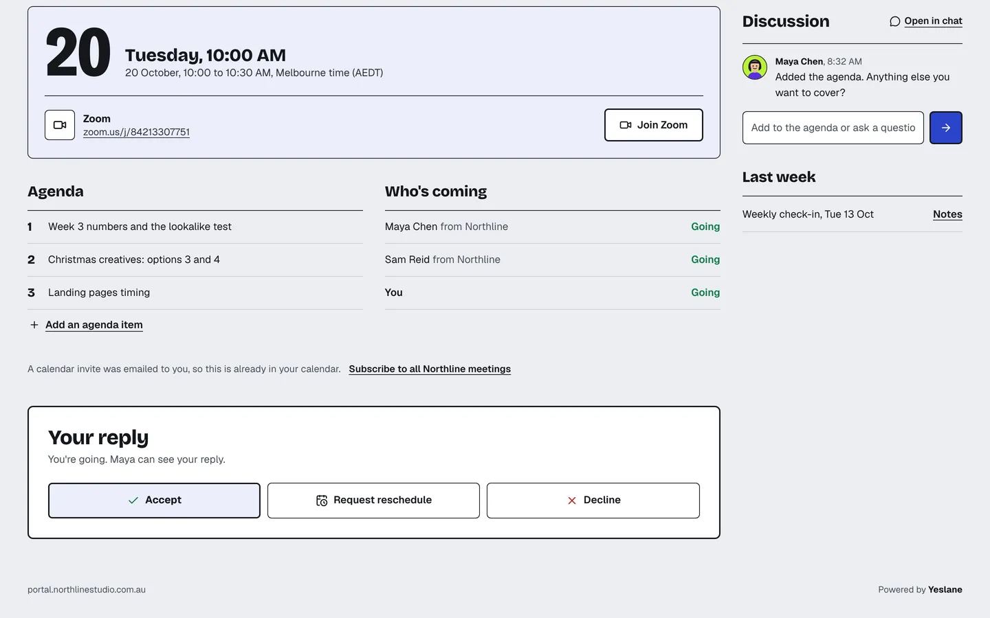 The weekly check-in with the Zoom link, agenda and Henry’s reply accepted.