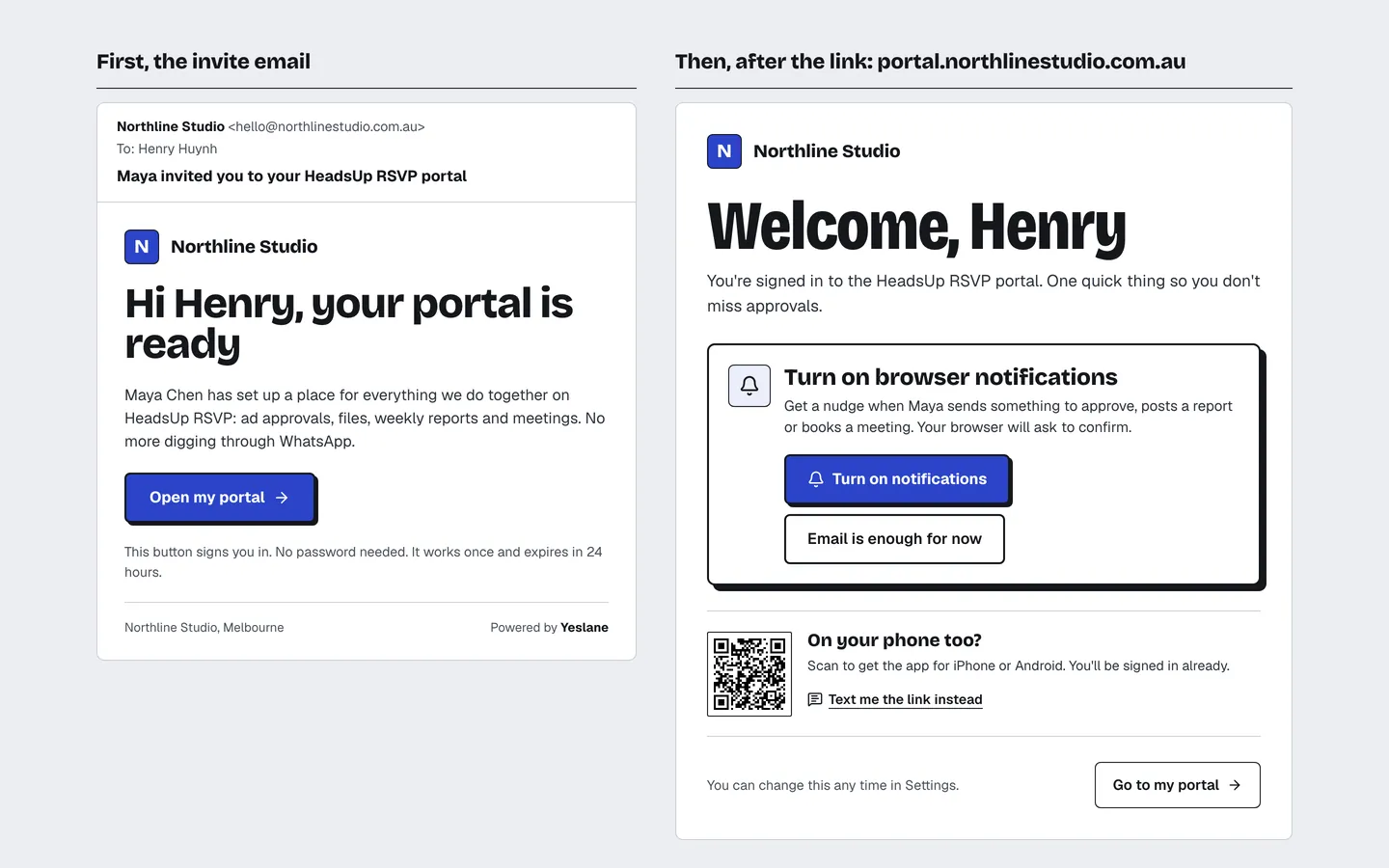 The invite email from Northline Studio beside the welcome screen asking to turn on notifications.