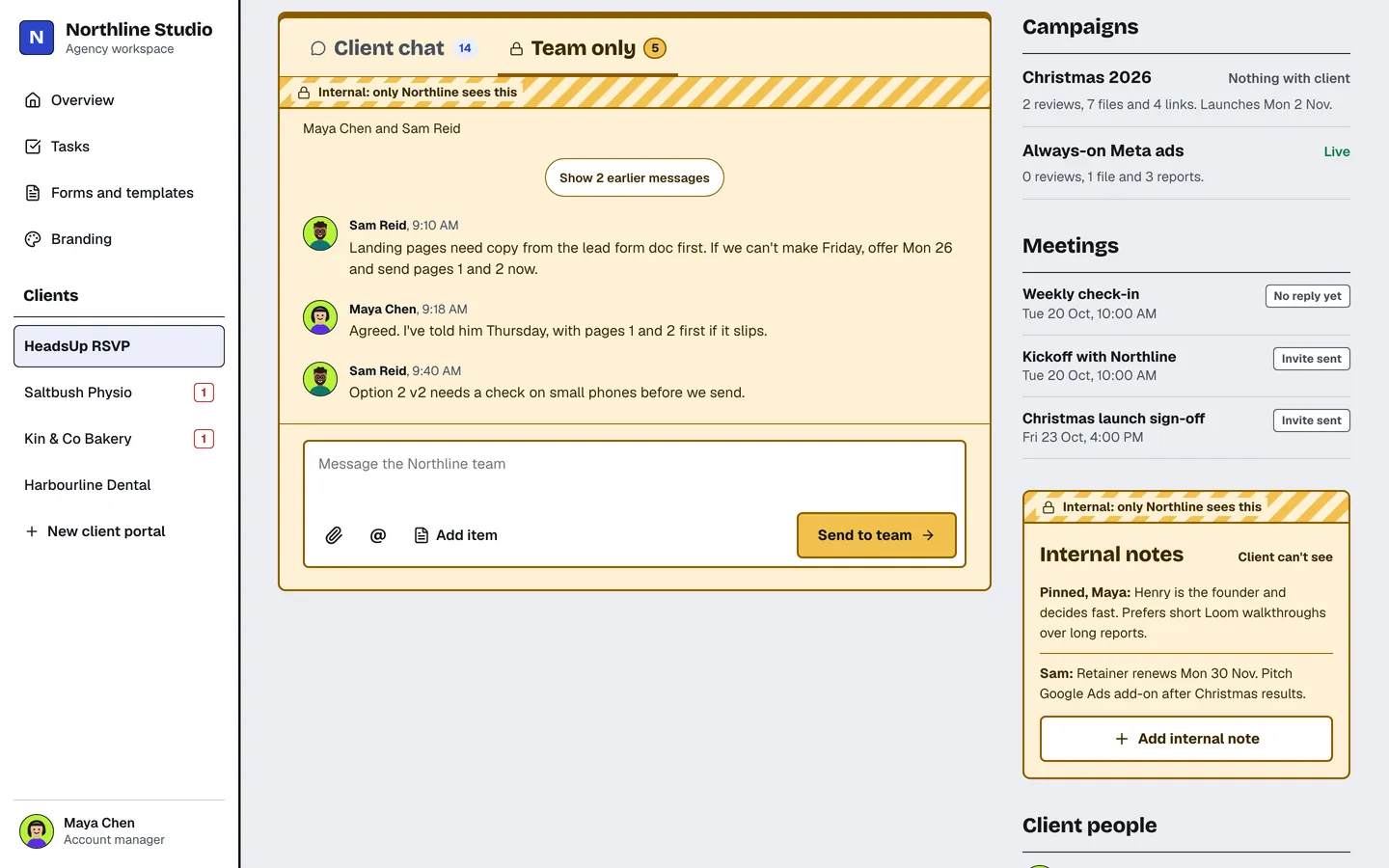 The agency’s view of the client portal with the Team only chat open.