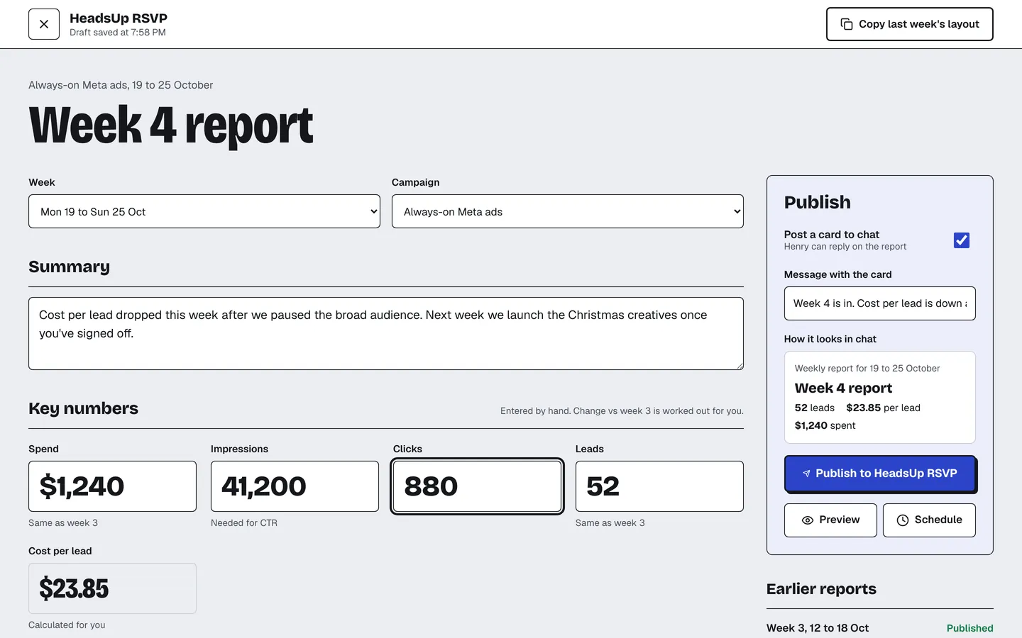 The week 4 report editor with spend, impressions, clicks and leads.