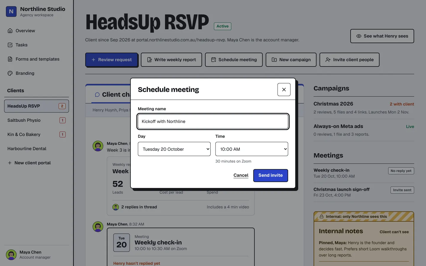 The schedule meeting dialog for a kickoff call on Tuesday 20 October.