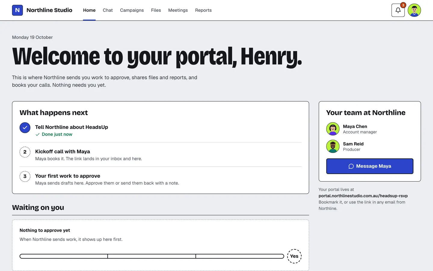 The client’s first sign-in screen: what happens next, nothing to approve yet, and the Northline team.